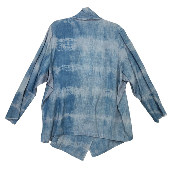 Catherine Bacon Sz L Indigo Shibori Dyed Jacket MOP Button Lagenlook 100% Linen - Picture 2 of 8